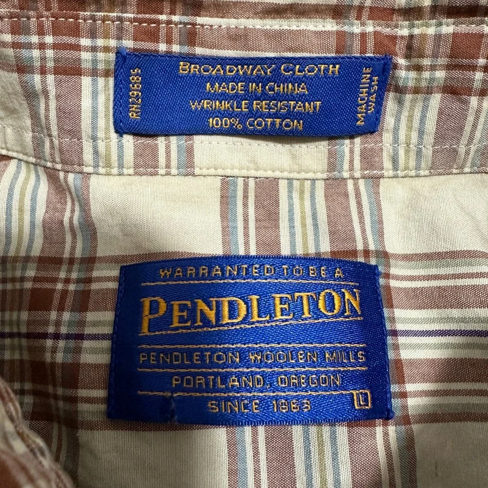 Pendleton Plaid Button Down Shirt Wrinkle Resistant Tan Brown Mens Size Large - Picture 6 of 11